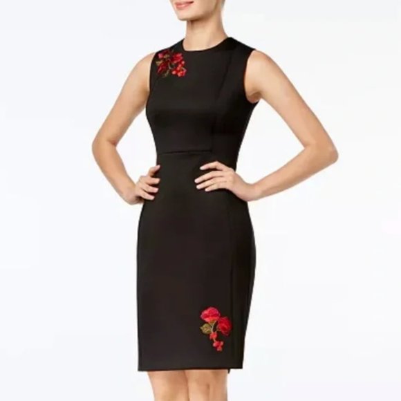 calvin klein black dress with embroidered flowers Floral Sheath Dress Calvin Klein Embroidered Floral Gown Klein Black Dress Calvin Klein Floral Embroidered Dress Calvin